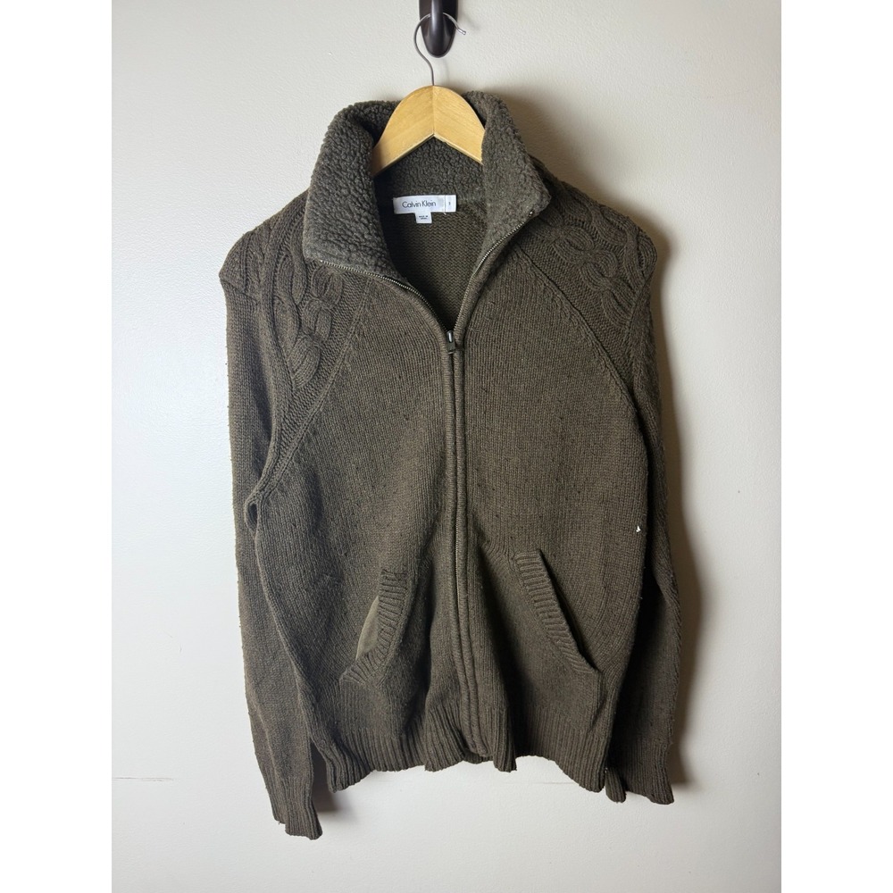 Calvin Klein Full Zip Up Cable Knit Sleeve Cotton Cardigan Sweater Mens S